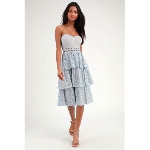 Ruffled Blue Lace Strapless Midi Dress